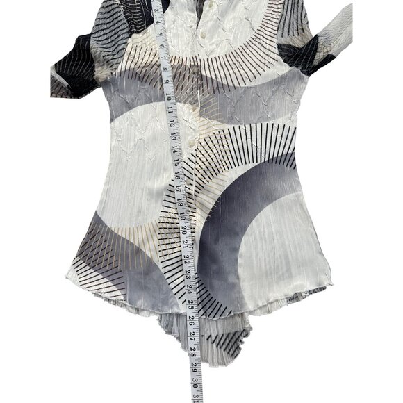 Komarov Long Sleeve Pleated Top Button-Up Gray White Lace-Up Back Womens Size S - Picture 6 of 8